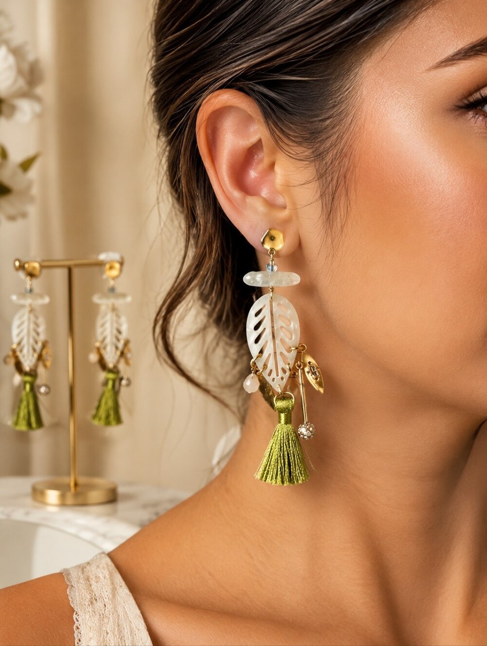 Sequin Gold-Tone Earrings with White Shell Leaf and Olive Tassel New